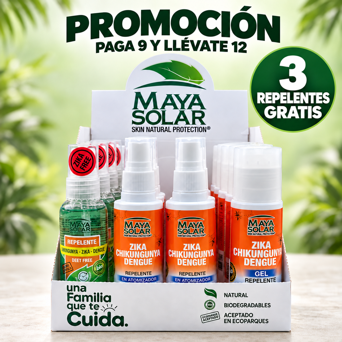 Caja mix de repelentes Maya Solar en exhibidor: atomizador, repelente con AfterBite y gel. Paga 9 y llévate 12.