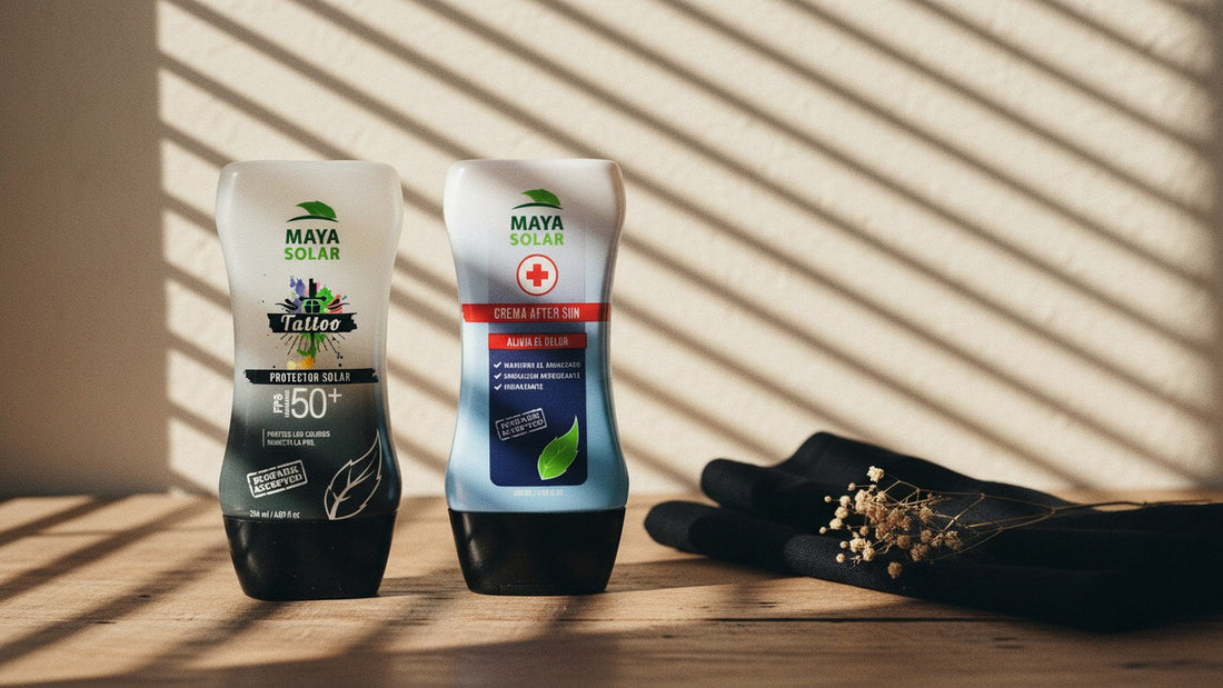 Bloqueador solar para tatuajes FPS 50+ y crema after sun de Maya Solar de pie sobre una mesa de madera, junto a una tela negra doblada y una ramita de flores secas, bajo la luz rayada de una persiana
