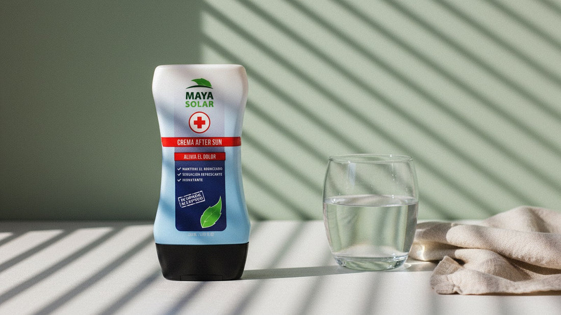 Crema After Sun de Maya Solar de 204 ml sobre una mesa clara, junto a un vaso de agua y un lienzo de lino arrugado, contra una pared verde salvia con la sombra rayada de una persiana