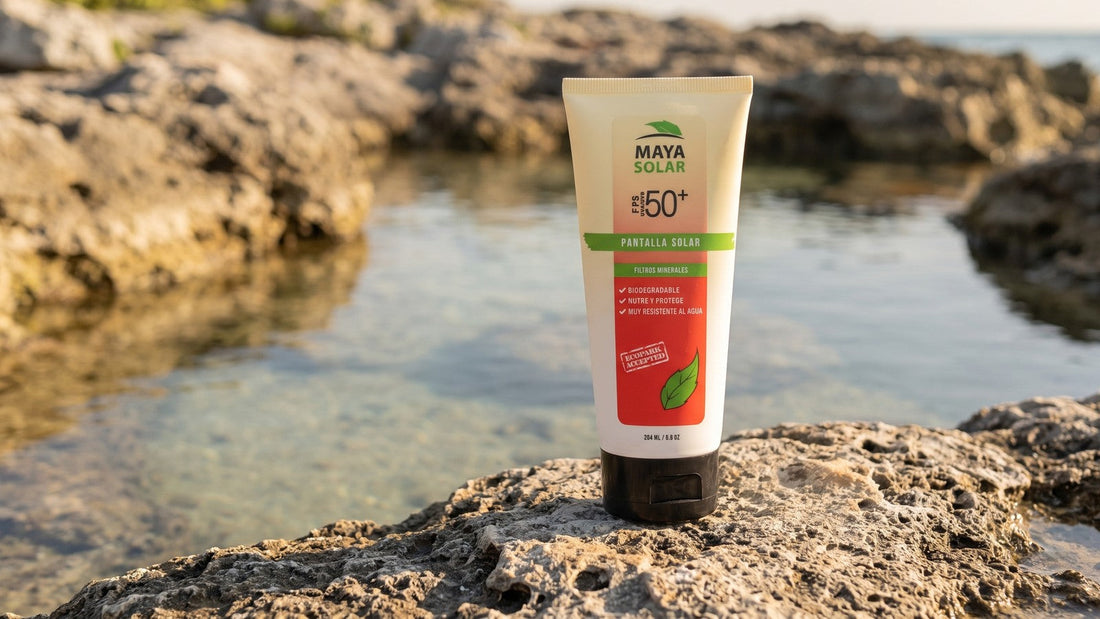 Bloqueador Solar Crema FPS 50+ Biodegradable de Maya Solar de 204 ml, con su sello ECOPARK ACCEPTED a la vista, de pie sobre roca caliza al borde de una poza de agua clara