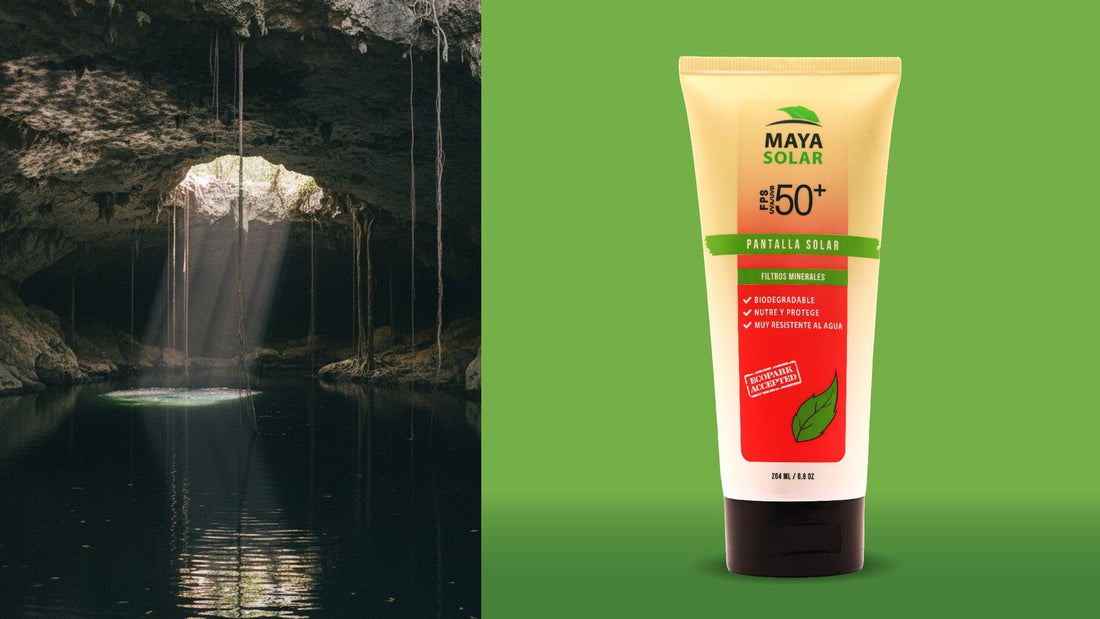 Haz de luz que entra por la bóveda de un cenote y cae sobre el agua, junto al Bloqueador Solar Crema FPS 50+ 204 ml de Maya Solar