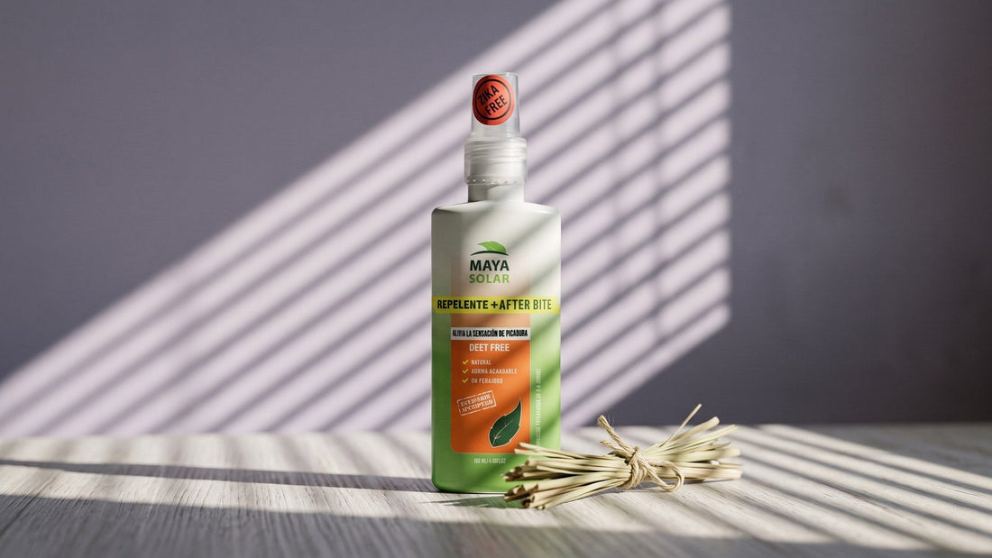 Repelente de mosquitos con ingredientes naturales y AfterBite de Maya Solar de 120 ml de pie sobre una superficie clara, junto a un manojo de tallos verdes atado con cordel, frente a una pared gris lavanda con la luz rayada de una persiana