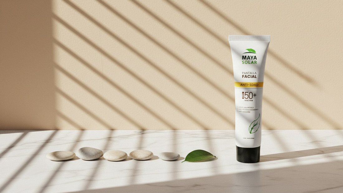 Pantalla Facial Anti-Edad FPS 50+ de Maya Solar de pie sobre una superficie clara, con cinco piedras blancas alineadas al frente y una hoja verde, bajo la luz rayada de una persiana