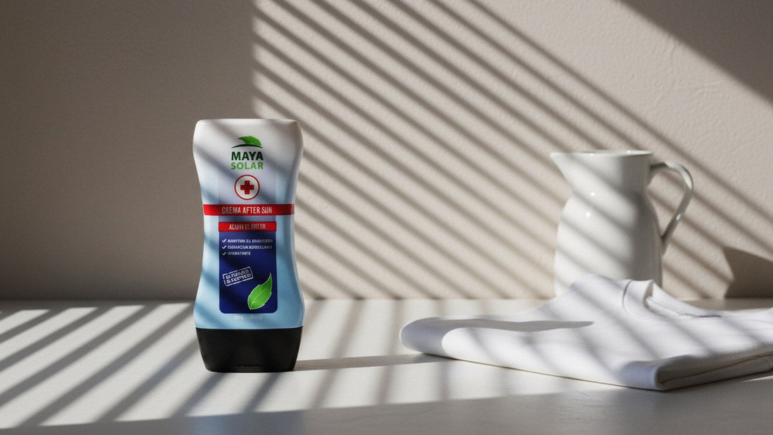 Crema After Sun de Maya Solar de 204 ml de pie sobre una mesa blanca, junto a una jarra blanca de cerámica y una playera blanca de algodón doblada, bajo la luz rayada de una persiana