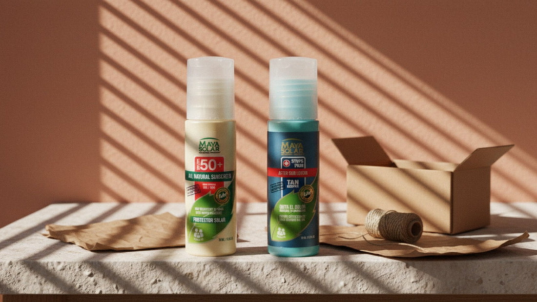 Protector Solar FPS 50+ y Crema After Sun de Maya Solar de pie sobre papel kraft, con una caja de cartón abierta y un carrete de hilo detrás, bajo la luz rayada de una persiana