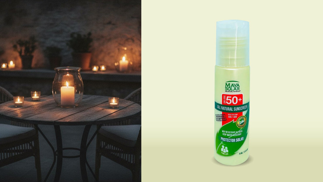 Velas encendidas sobre una mesa de patio al anochecer, junto al Bloqueador Solar Crema FPS 50+ 75 ml de Maya Solar