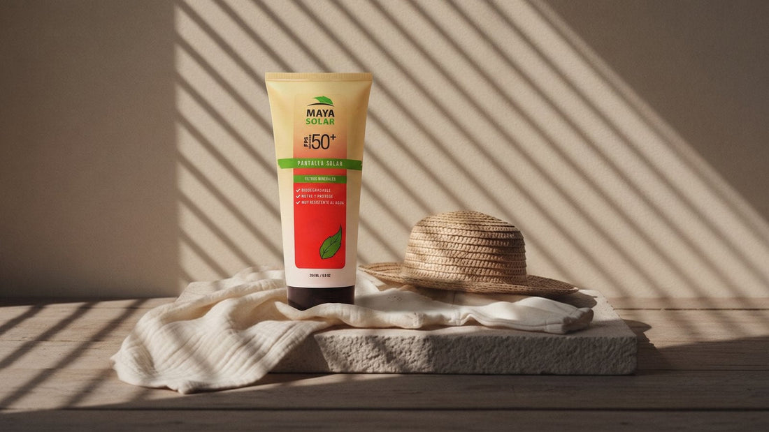 Bloqueador Solar Crema FPS 50+ Biodegradable de Maya Solar de pie sobre una tela de muselina arrugada en una losa de piedra caliza, junto a un sombrero de paja de ala ancha, bajo la luz rayada de una persiana