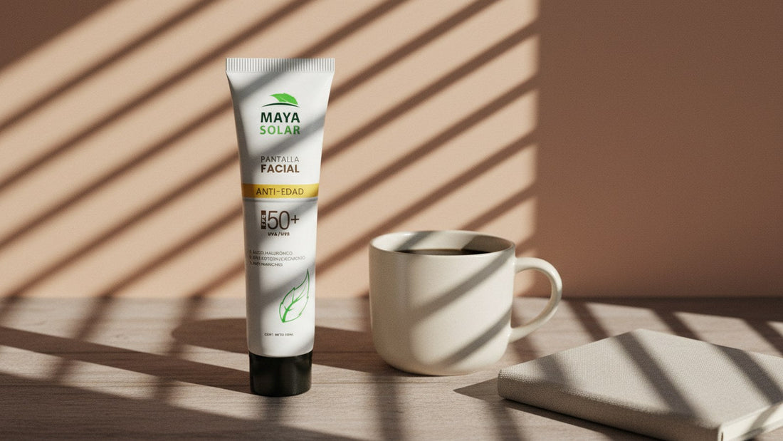 Protector solar facial anti edad FPS 50+ de Maya Solar, de 50 ml, de pie sobre una mesa de madera clara, junto a una taza de café y una libreta de tela, bajo la luz rayada de una persiana