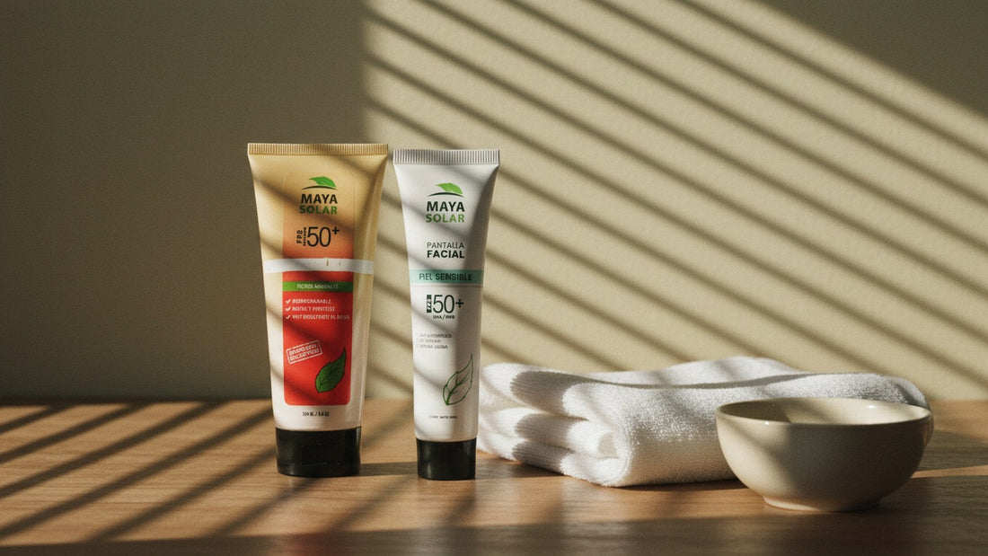 Bloqueador solar en crema FPS 50+ de 204 ml y protector solar facial piel sensible FPS 50+ de Maya Solar de pie sobre una mesa de madera, junto a una toalla blanca doblada y un tazón de cerámica, con sombras de persiana sobre la pared