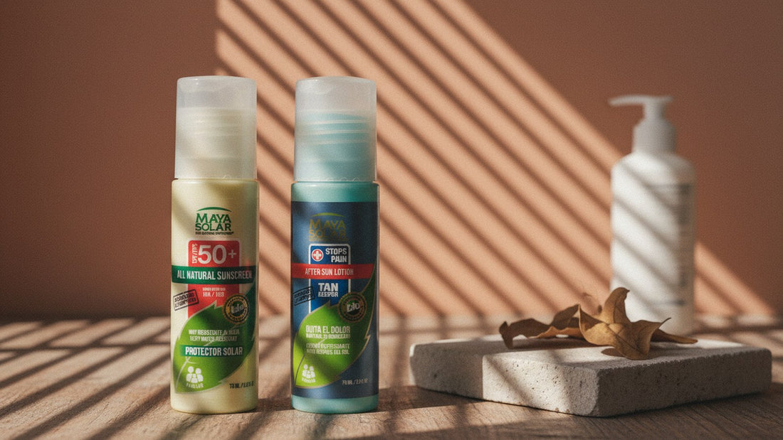 Protector Solar FPS 50+ y Crema After Sun de Maya Solar al frente, grandes y nítidos; detrás y fuera de foco, un envase blanco sin marca