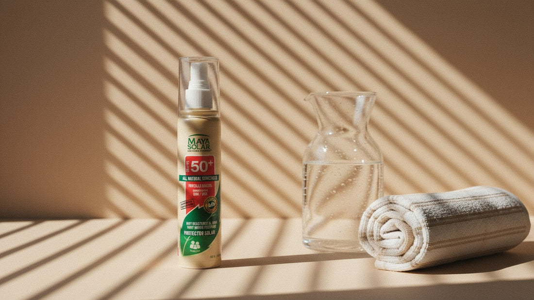 Bloqueador Sport FPS 50+ de Maya Solar en atomizador de 120 ml de pie sobre una superficie color arena, junto a una jarra de vidrio con agua y una toalla enrollada, bajo la luz rayada de una persiana