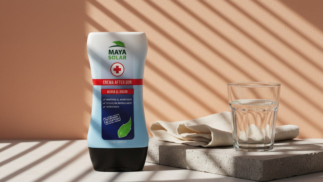 Crema After Sun de Maya Solar de 204 ml de pie sobre una losa de piedra caliza, junto a un lienzo de lino y un vaso de agua, bajo la luz rayada de una persiana