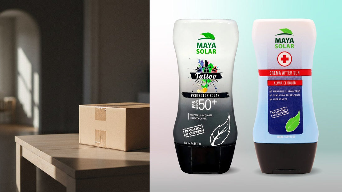 Caja de cartón sobre una mesa de madera en un cuarto en penumbra, junto al Tattoo Care Duo de Maya Solar, con protector solar para tatuajes FPS 50+ y crema after sun