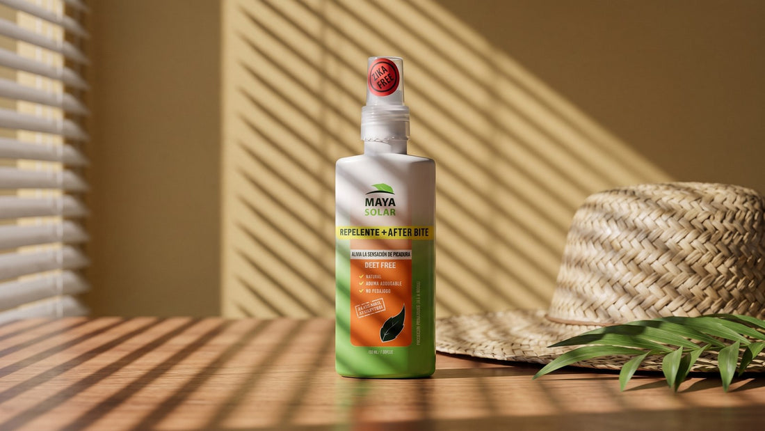Repelente de mosquitos con ingredientes naturales y AfterBite de Maya Solar en spray de 120 ml, de pie sobre una mesa de madera junto a un sombrero de palma tejida y hojas de palma, con la sombra rayada de una persiana sobre una pared color mostaza