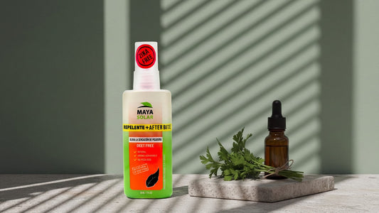 Repelente Natural After Bite de Maya Solar de 60 ml sobre una losa de piedra caliza, junto a un manojo de hierbas verdes y un frasco ámbar con gotero