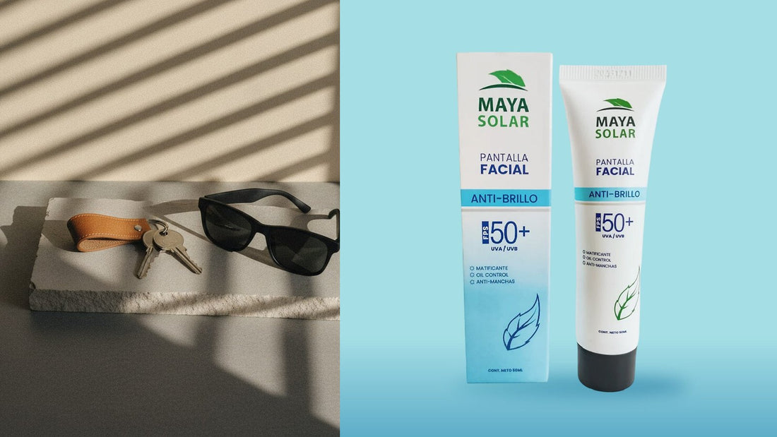 Llaves y lentes de sol sobre una losa con sombras de persiana, junto a la Pantalla Facial Anti Brillo FPS 50+ 50 ml de Maya Solar