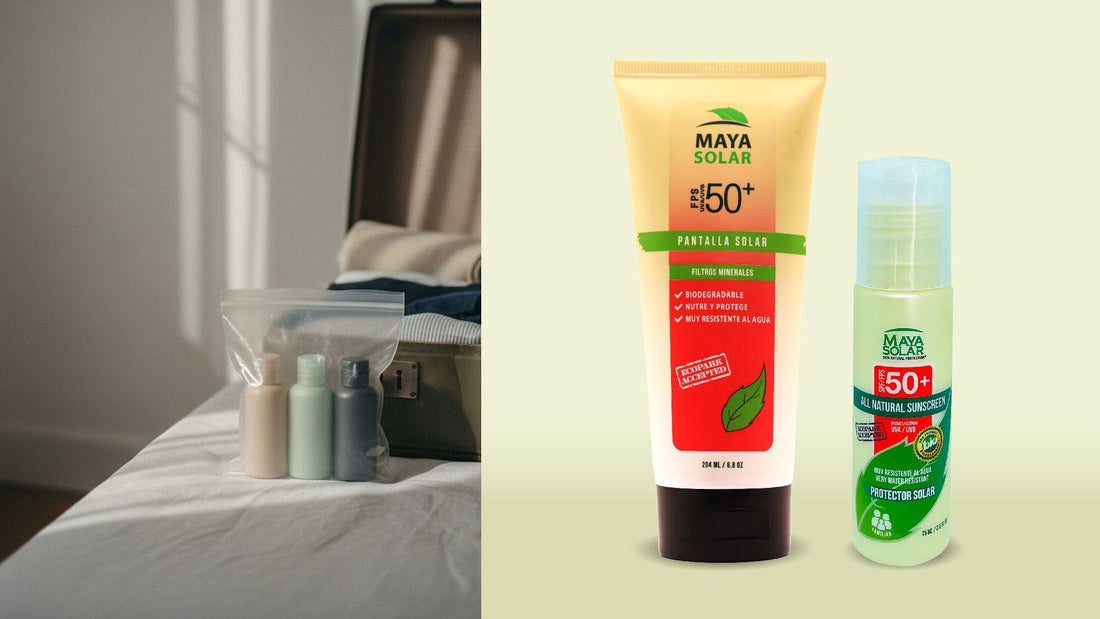 Maleta abierta sobre una cama con una bolsa transparente de frascos de viaje, junto al Kit Protección Total de Maya Solar, con bloqueador solar en crema FPS 50+ de 204 ml y de 75 ml
