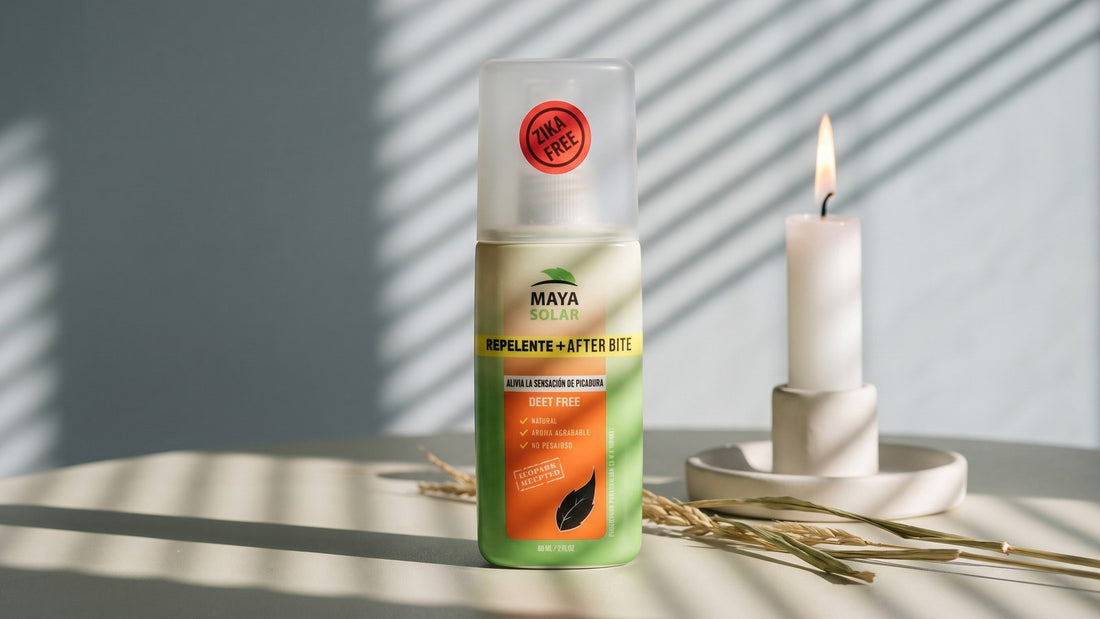 Repelente de mosquitos con ingredientes naturales y AfterBite de Maya Solar junto a una vela blanca encendida sobre un platito de cerámica y unas hojas de citronela, bajo la luz rayada de una persiana