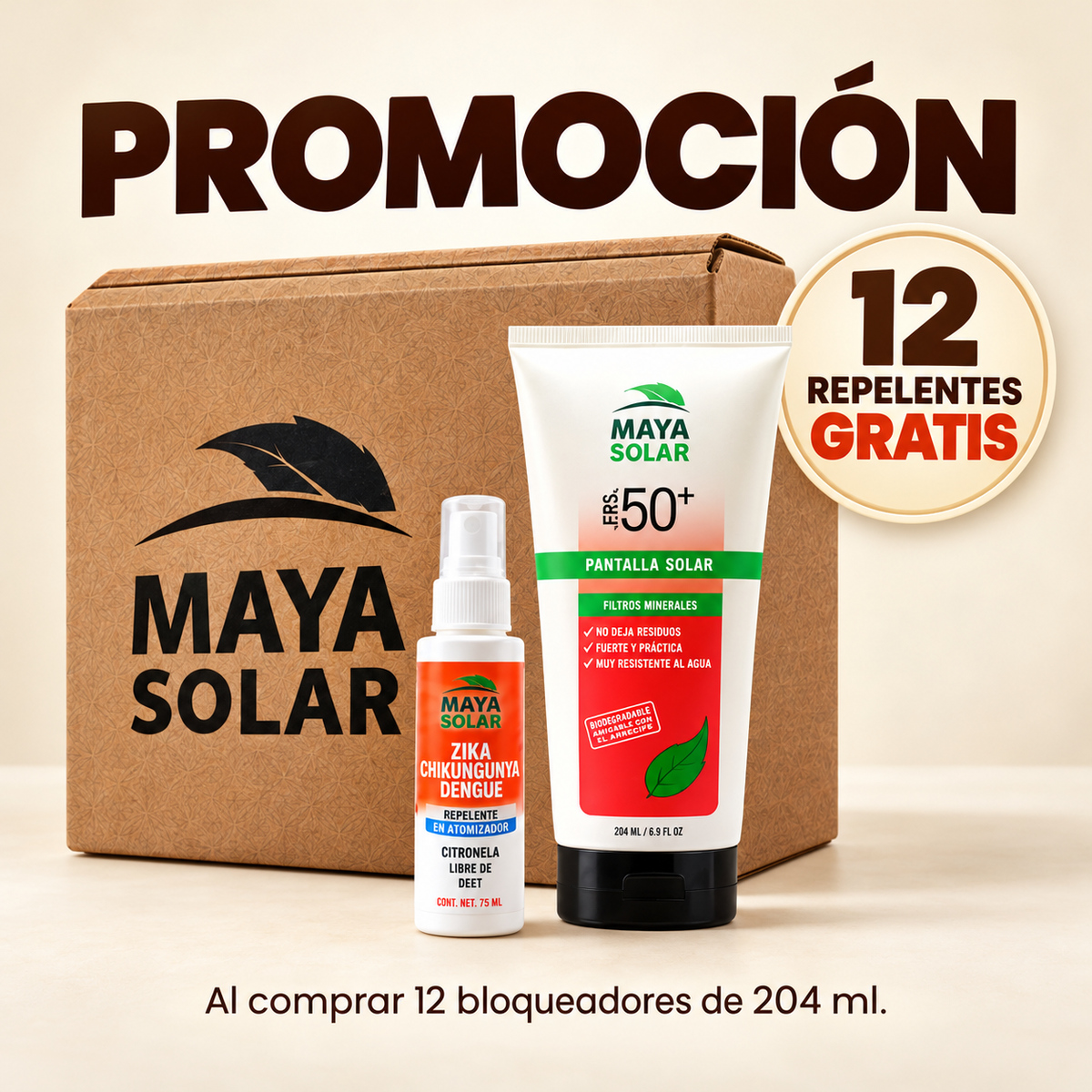 Protector solar Maya Solar FPS 50+ de 204 ml y repelente en atomizador de 75 ml frente a una caja: 12 repelentes gratis.