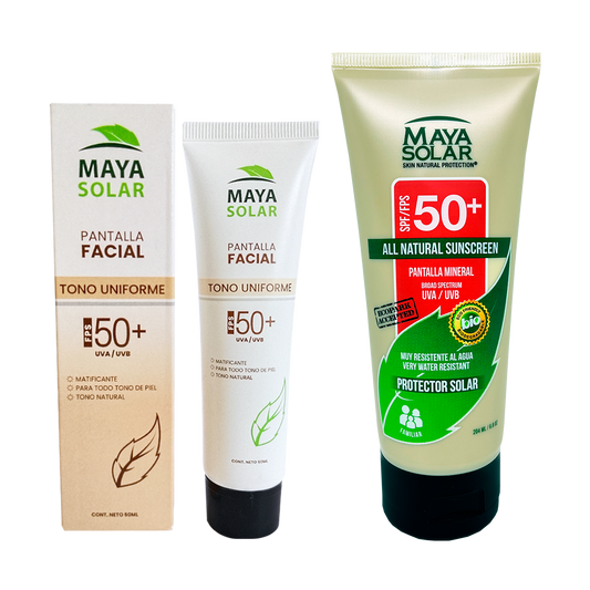 Kit Doble Escudo Solar Maya Solar que incluye protector solar facial Tono Uniforme SPF 50+ y protector solar corporal SPF 50+ de 204 ml.