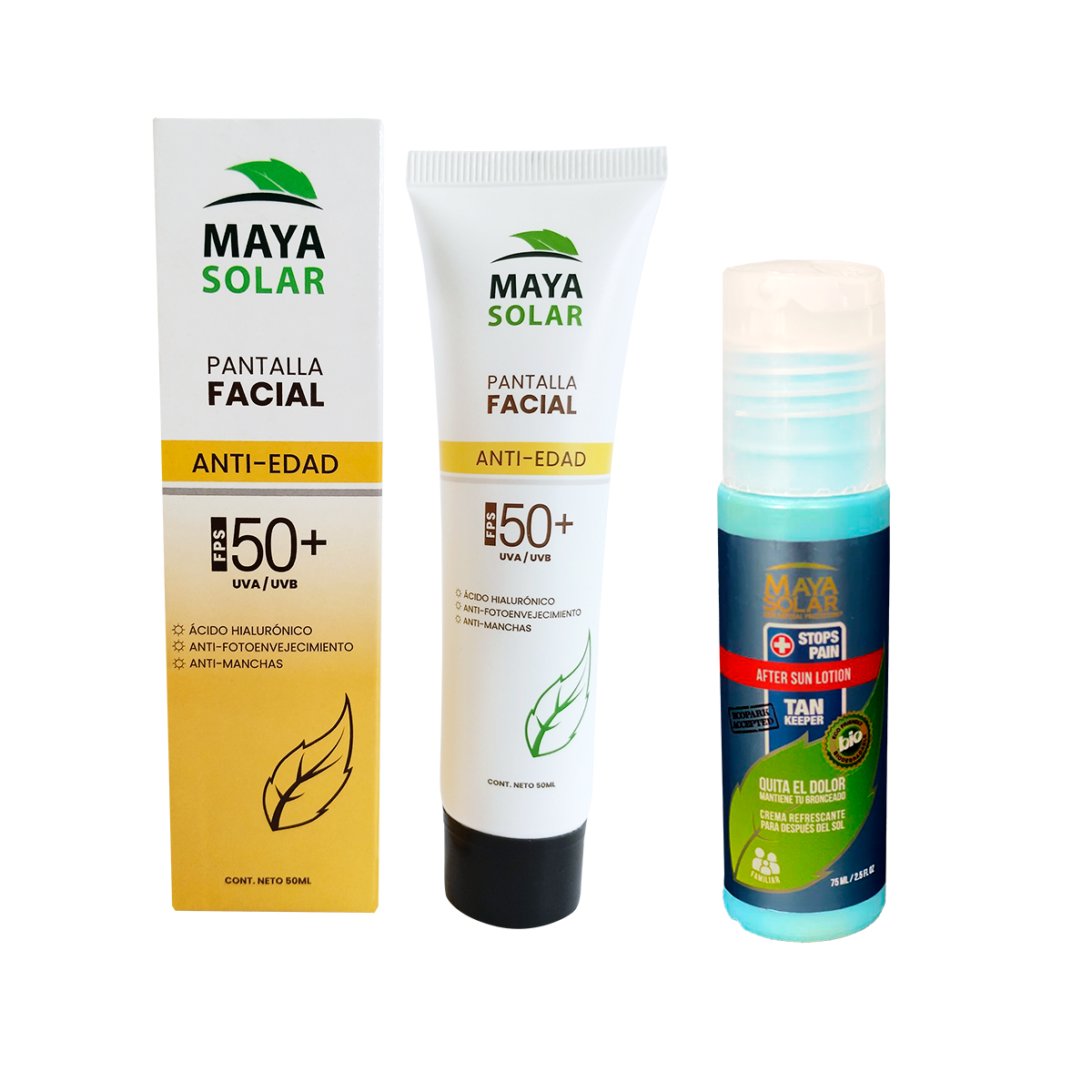 Kit Facial Antiedad Bloquador Solar SPF 50+ y After Sun o Crema  para despues del sol Maya Solar