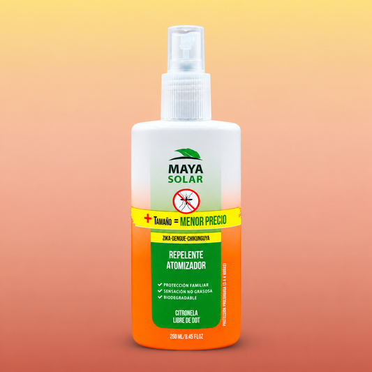 Repelente de mosquitos Maya Solar en atomizador, fórmula biodegradable.
