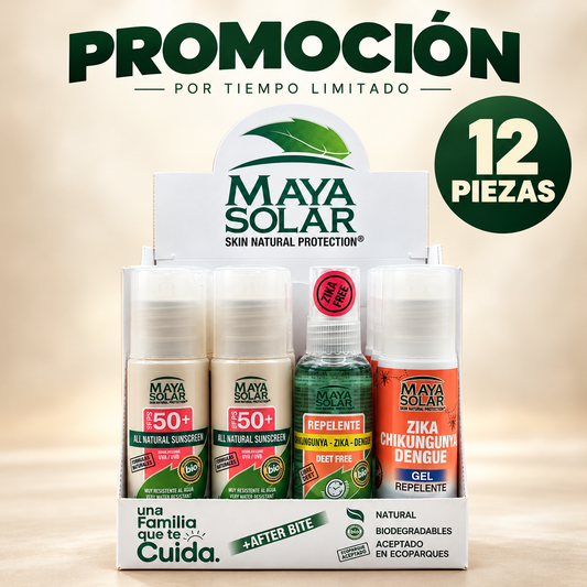 Caja exhibidora Maya Solar de 12 piezas: protector solar FPS 50+, repelente con AfterBite y repelente en gel.