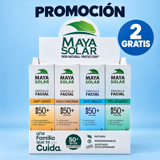 Pantallas faciales Maya Solar FPS 50+ en exhibidor: anti edad, tono uniforme, anti brillo y piel sensible. Paga 6 y llévate 8.