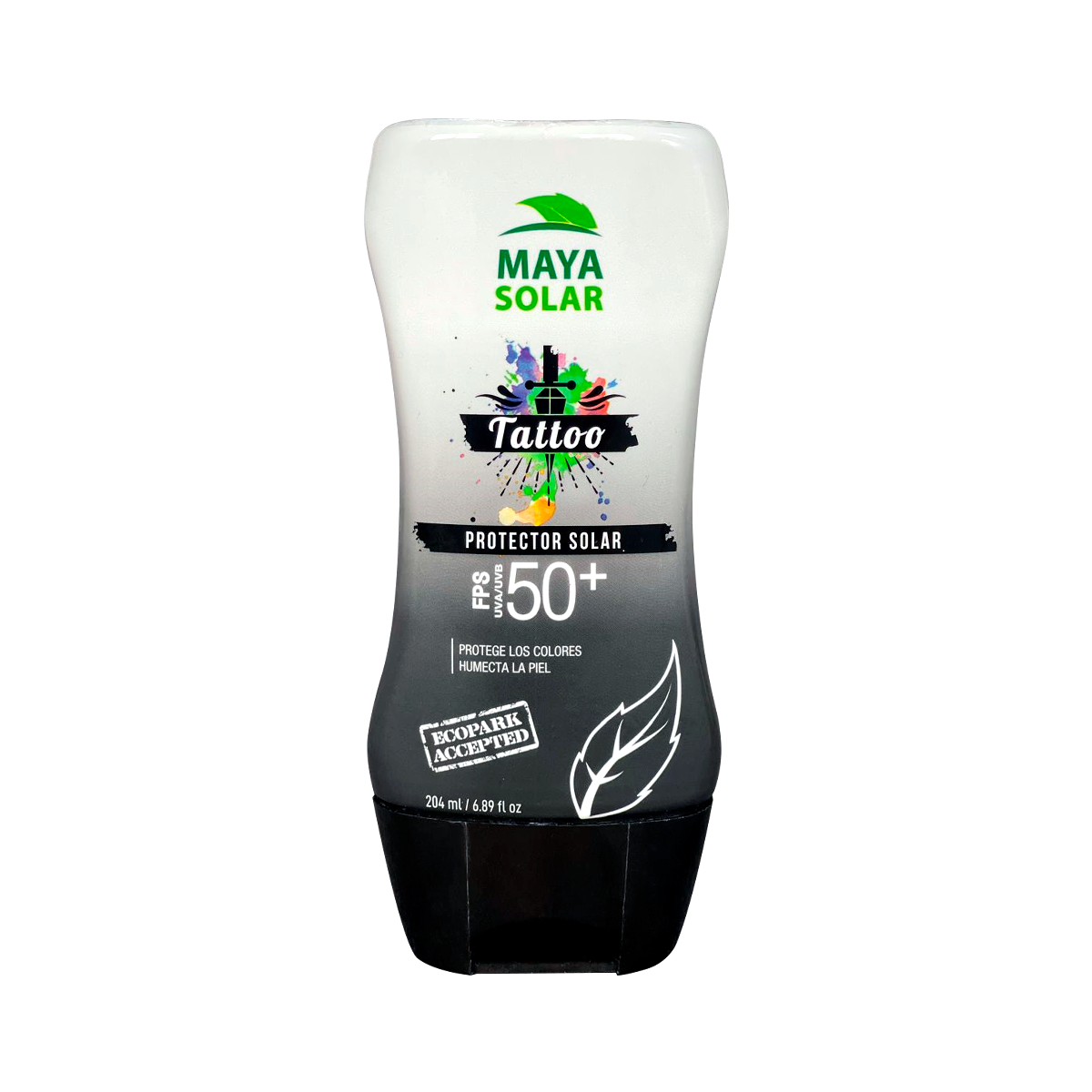 Bloqueador para Tattoos FPS 50+ Maya Solar de 204 ml para proteger la piel tatuada.