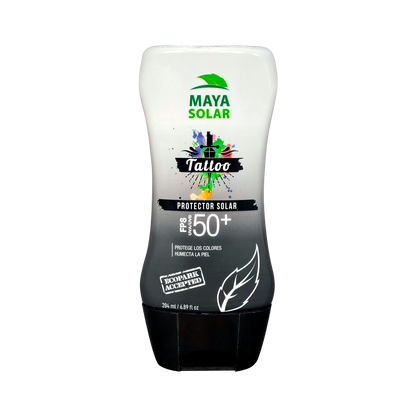 Bloqueador para Tattoos FPS 50+ Maya Solar de 204 ml para proteger la piel tatuada.