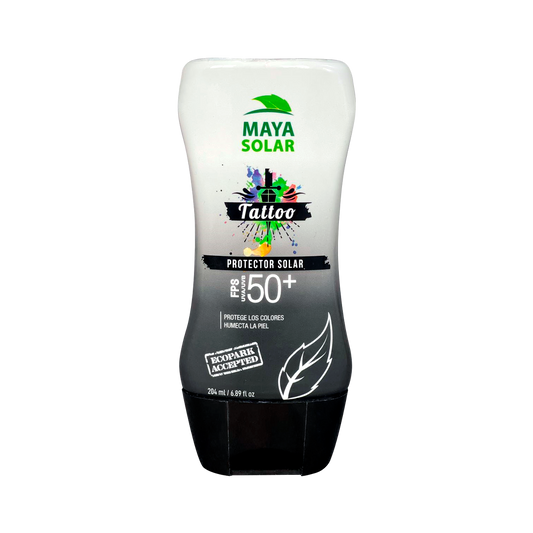 Bloqueador para Tattoos FPS 50+ Maya Solar de 204 ml para proteger la piel tatuada.