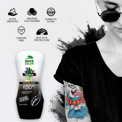 Bloqueador para Tattoos FPS 50+ Maya Solar de 204 ml para proteger la piel tatuada.