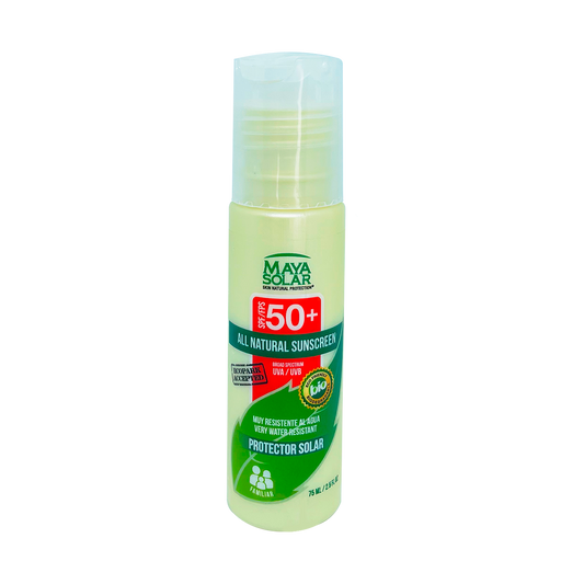 Bloqueador Solar Mineral Maya Solar FPS 50+ biodegradable de 75 ml para protección UVA y UVB.