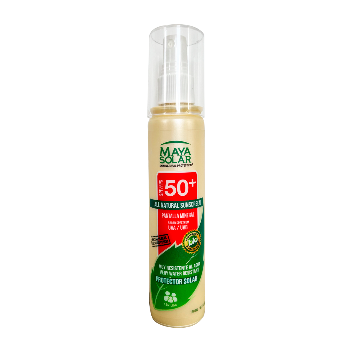 Bloqueador Solar Sport FPS 50+ Maya Solar en atomizador de 120 ml.