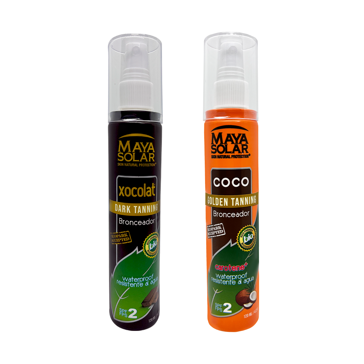 Dúo Bronceado Intenso Maya Solar con Loción Bronceadora Coconut y Loción Bronceadora Xocolat de 120 ml.