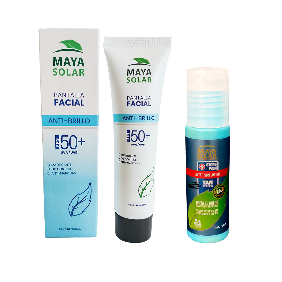 Kit Facial Recovery Anti Brillo Maya Solar con pantalla facial SPF 50+ y Crema After Sun de 75 ml.