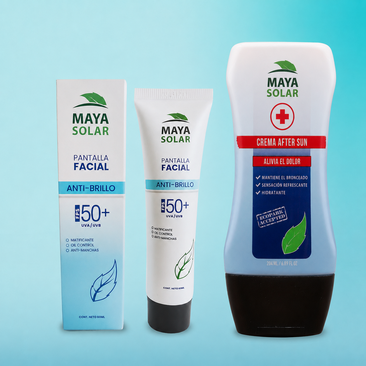 Kit Facial Recovery Anti Brillo Maya Solar con pantalla facial SPF 50+ y Crema After Sun de 250 ml.