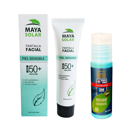 Kit Facial Recovery Piel Sensible Maya Solar con pantalla facial FPS 50+ y Crema After Sun de 75 ml.