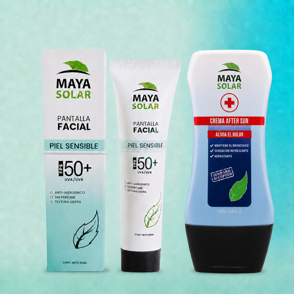 Kit Facial Recovery Piel Sensible Maya Solar con pantalla facial FPS 50+ y Crema After Sun de 250 ml.
