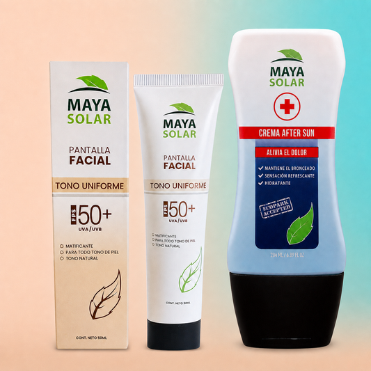 Kit Facial Recovery Tono Uniforme Maya Solar con Pantalla Facial SPF 50+ y Crema After Sun de 250 ml.