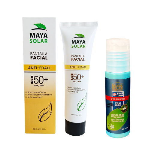 Kit Recovery Facial Anti Edad Maya Solar con Pantalla Facial Anti Edad FPS 50+ y Crema After Sun 75 ml.