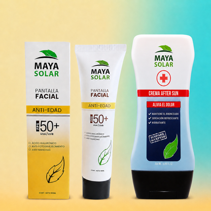 Kit Recovery Facial Anti Edad Maya Solar con Pantalla Facial Anti Edad FPS 50+ y Crema After Sun 250 ml.