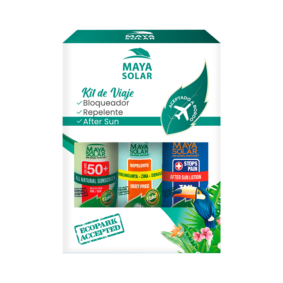 Kit de Viaje Maya Solar con bloqueador solar, repelente natural AfterBite y crema After Sun.