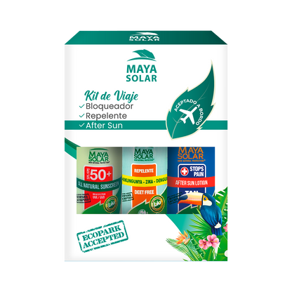 Kit de Viaje Maya Solar con bloqueador solar, repelente natural AfterBite y crema After Sun.