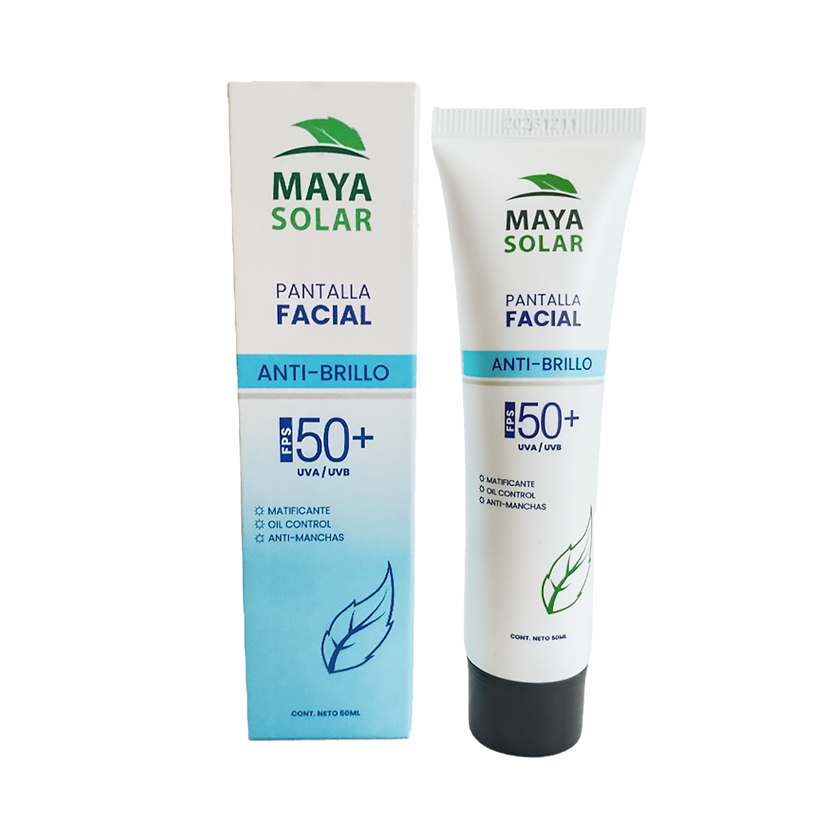 Pantalla Facial Solar Anti Brillo FPS 50+ Maya Solar de 50 ml.