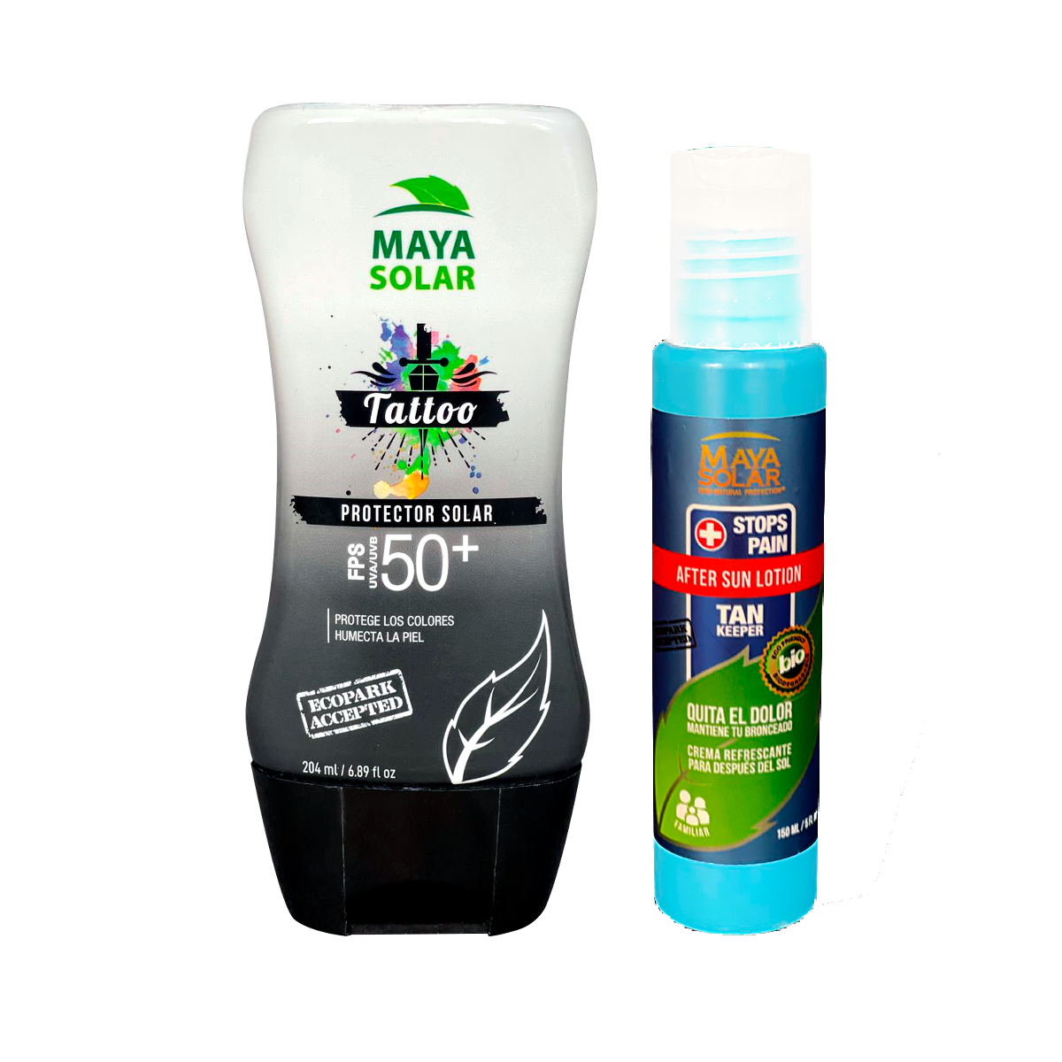 Tattoo Care Duo Maya Solar con Bloqueador Solar Tattoo FPS 50+ de 204 ml y Crema After Sun de 150 ml.